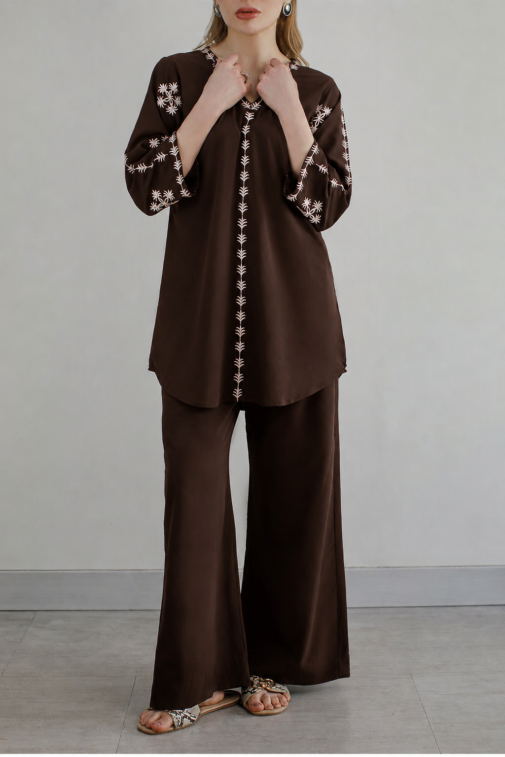 Dark Brown Embroidered Co Ord Set - 01