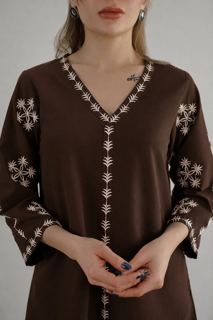 Dark Brown Embroidered Co Ord Set - 01