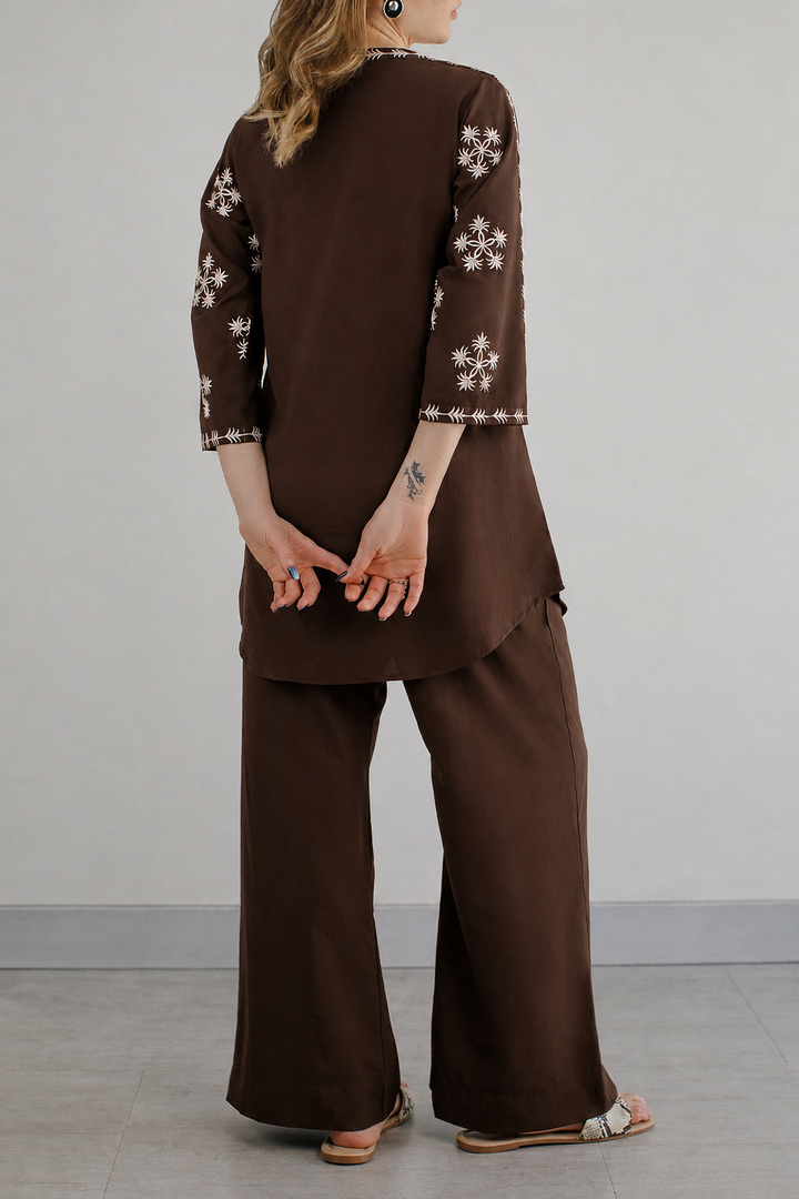 Dark Brown Embroidered Co Ord Set - 01