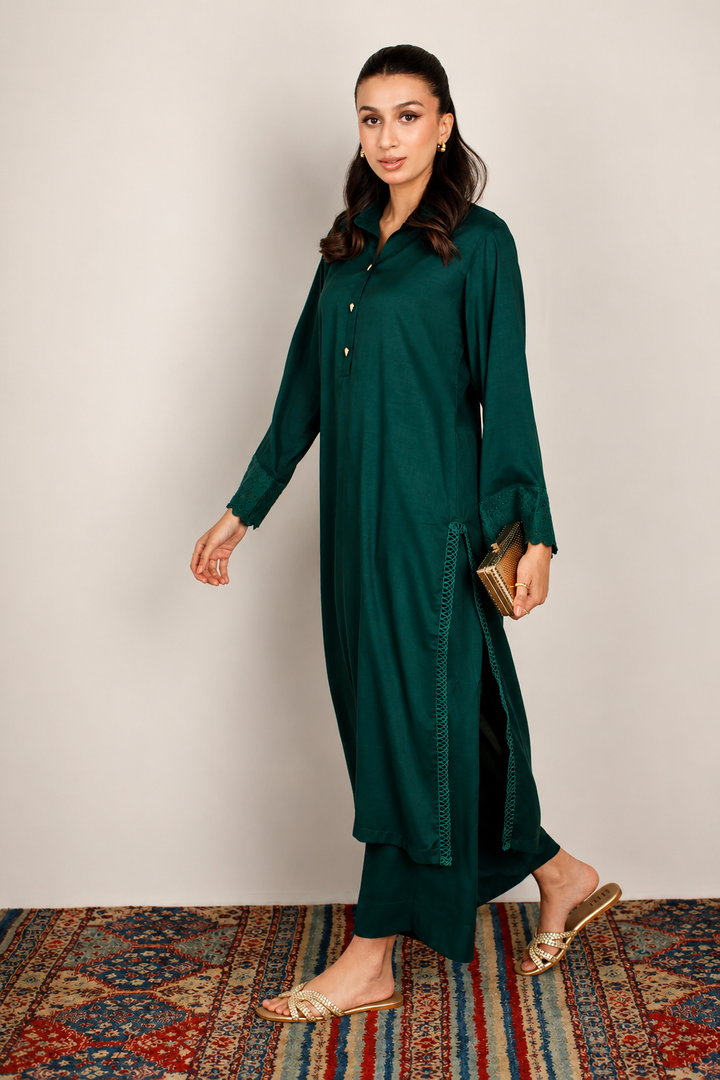 Bottle Green Dull Raw Silk 2 -Piece Set
