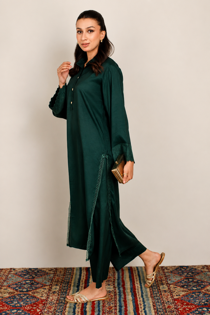 Bottle Green Dull Raw Silk 2 -Piece Set