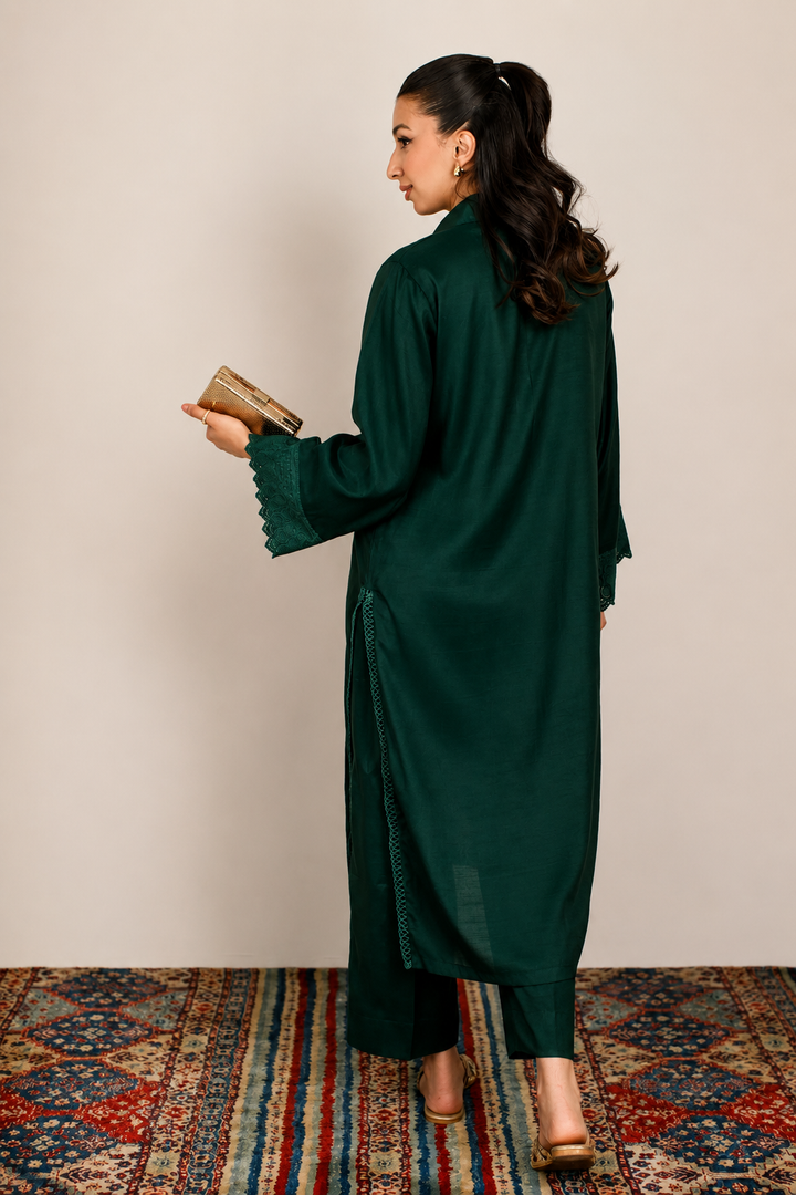 Bottle Green Dull Raw Silk 2 -Piece Set