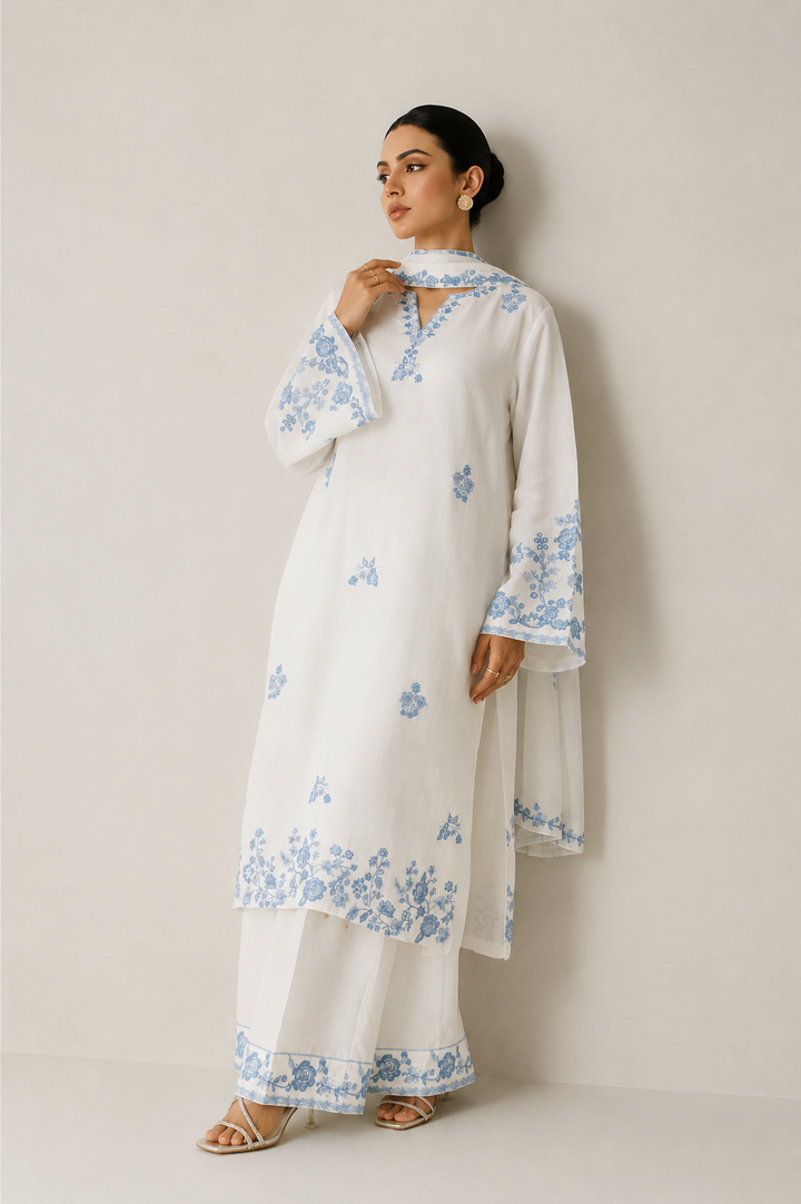 Ivory White Embroidered - 3-Piece Set