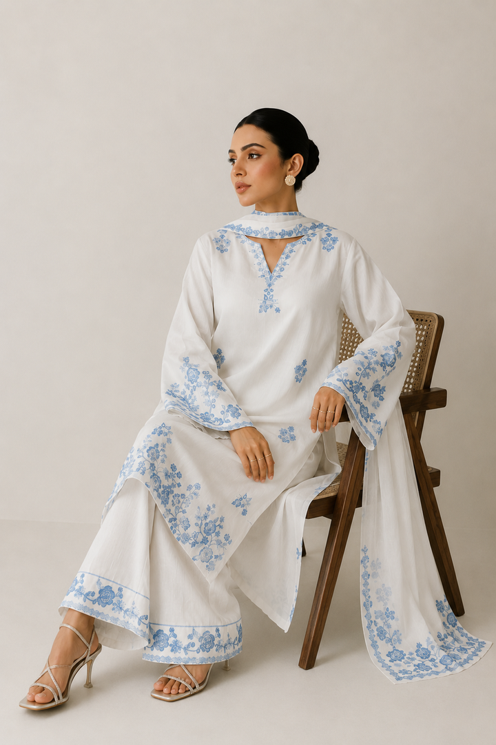 Ivory White Embroidered - 3-Piece Set