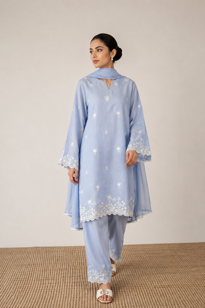 Powder Blue Embroidered 3-Piece Set