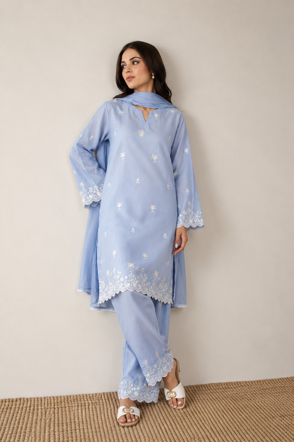 Powder Blue Embroidered 3-Piece Set