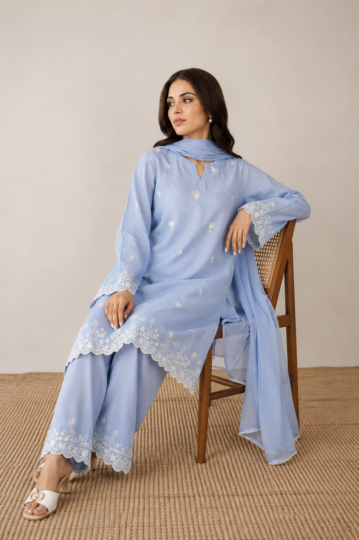 Powder Blue Embroidered 3-Piece Set