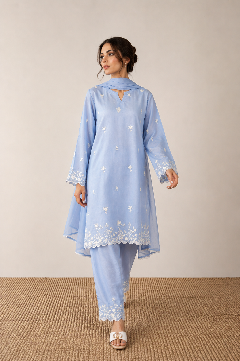 Powder Blue Embroidered 3-Piece Set