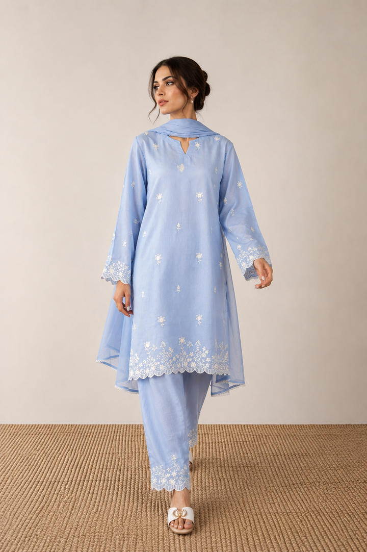 Powder Blue Embroidered 3-Piece Set