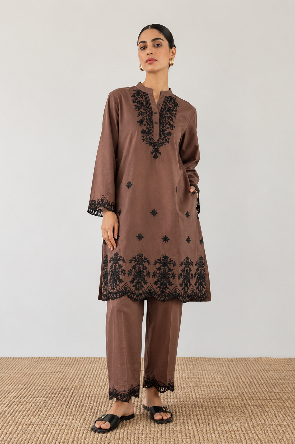 Chocolate Brown 2-Piece Schiffli Set