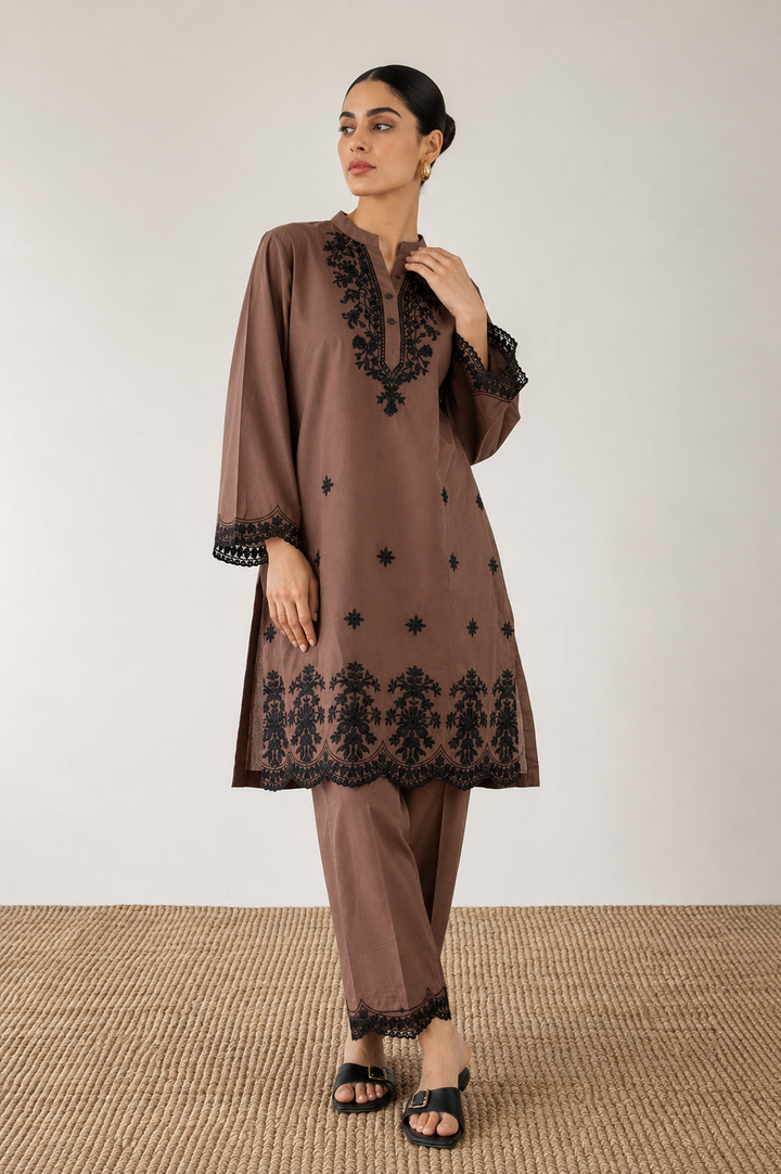 Chocolate Brown 2-Piece Schiffli Set