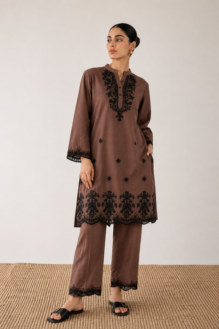 Chocolate Brown 2-Piece Schiffli Set