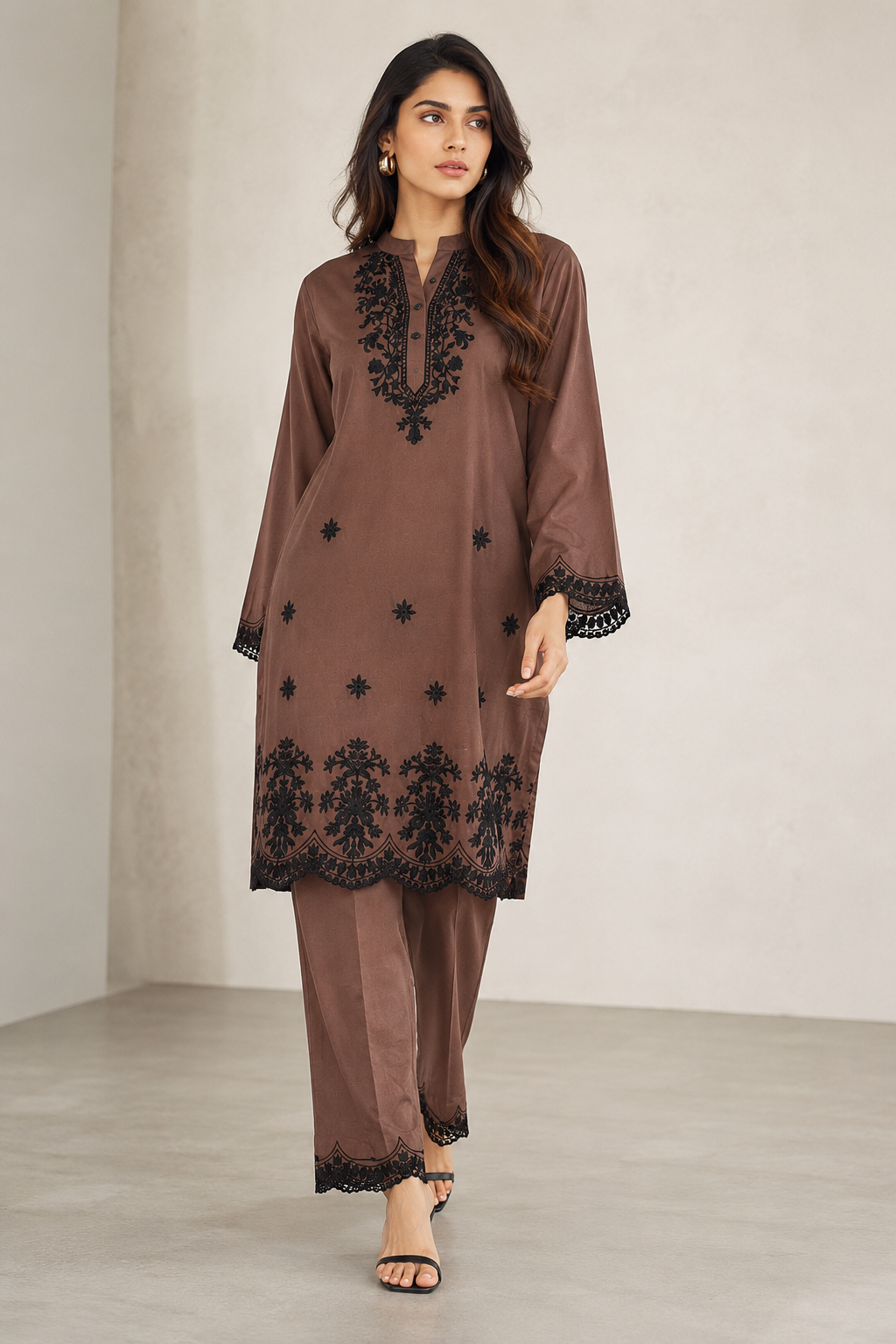 Chocolate Brown 2-Piece Schiffli Set