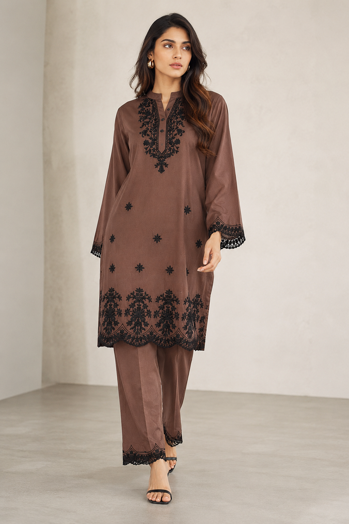 Chocolate Brown 2-Piece Schiffli Set