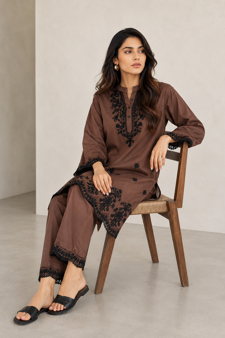 Chocolate Brown 2-Piece Schiffli Set