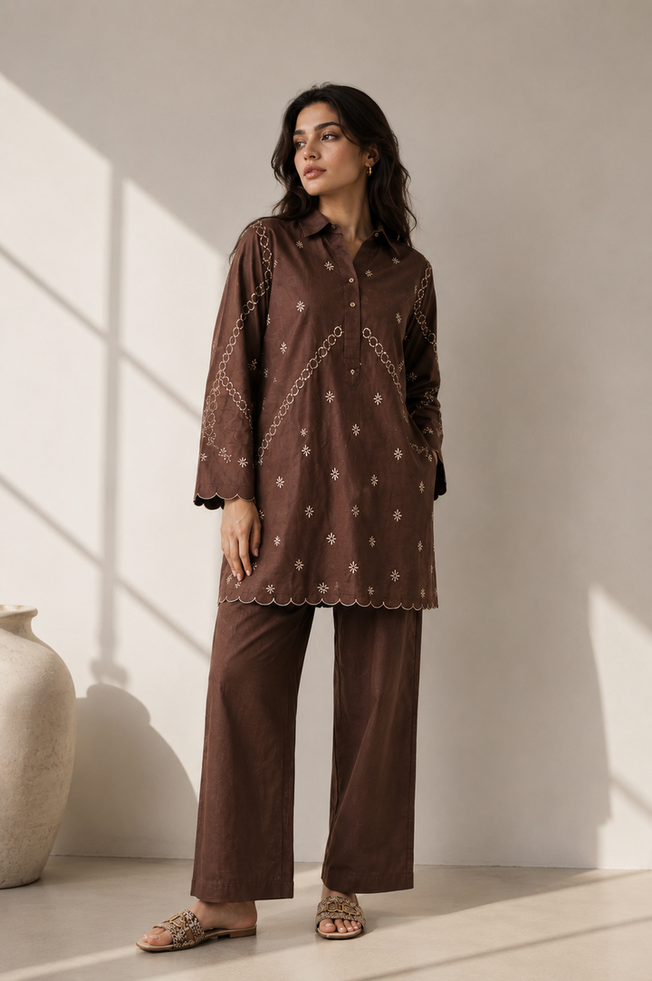 Mocha Embroidered  2 - Piece Set