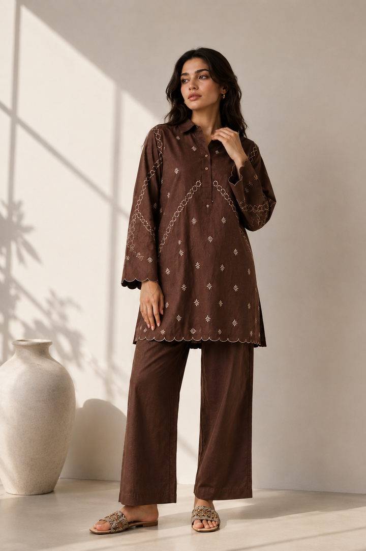 Mocha Embroidered  2 - Piece Set