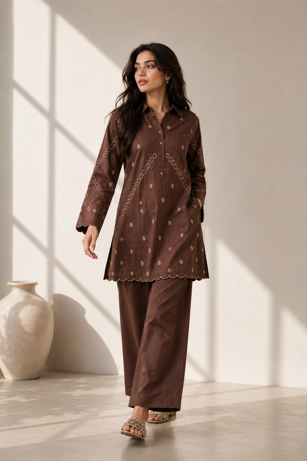 Mocha Embroidered  2 - Piece Set