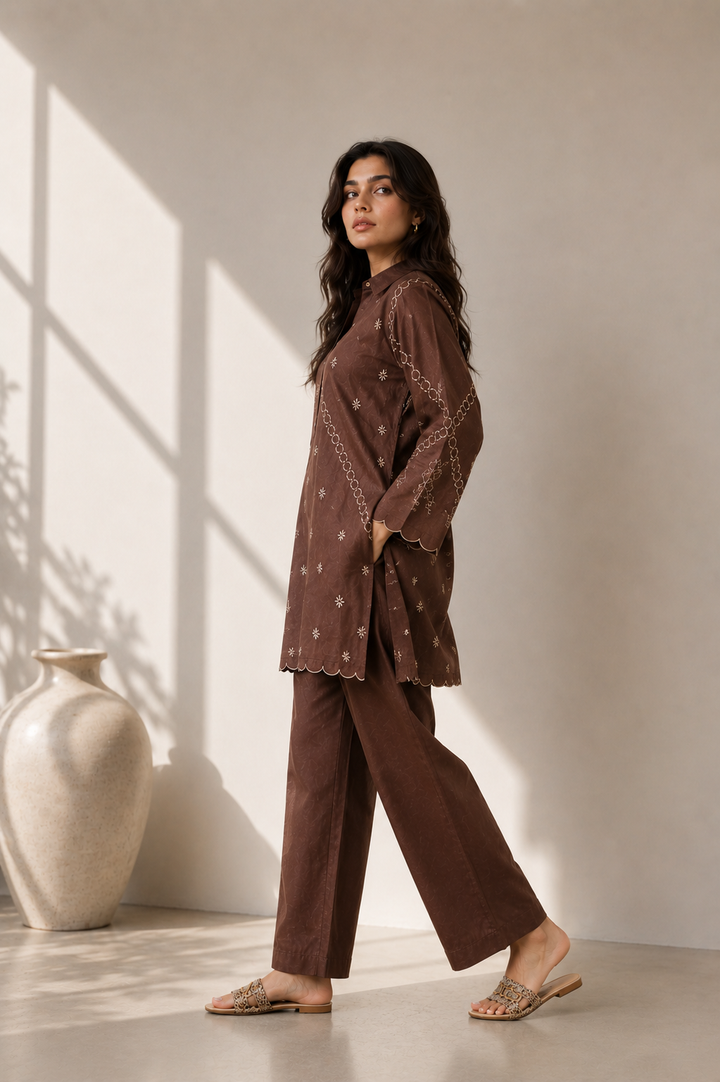 Mocha Embroidered  2 - Piece Set