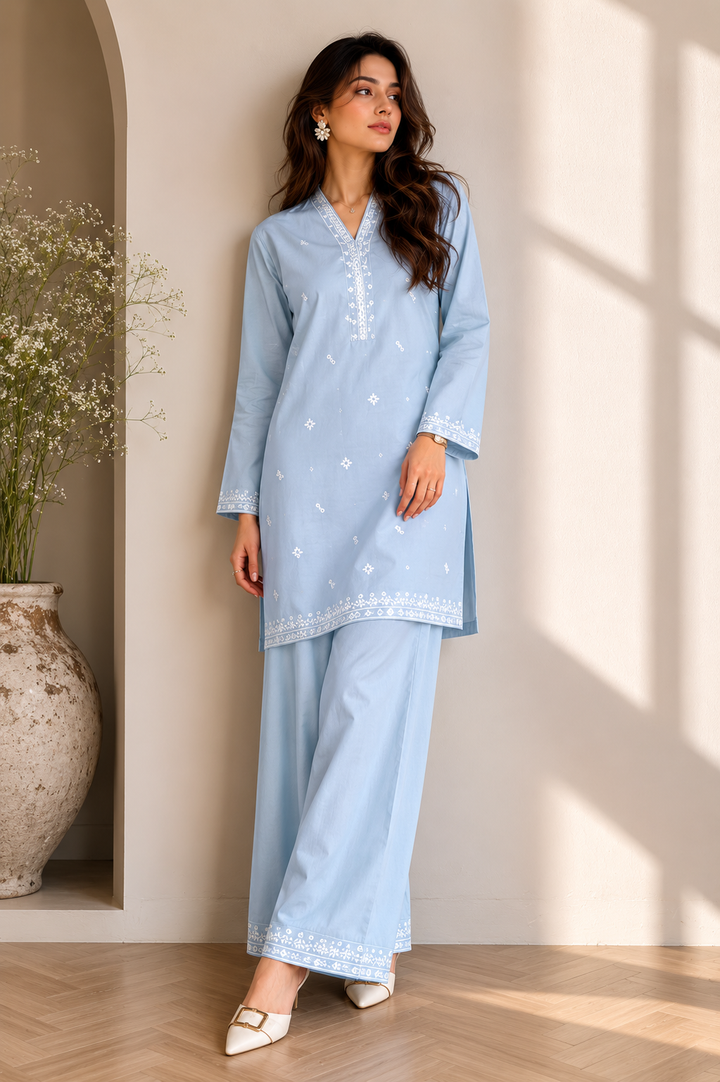 Sky Blue Embroidered  2 - Piece Set