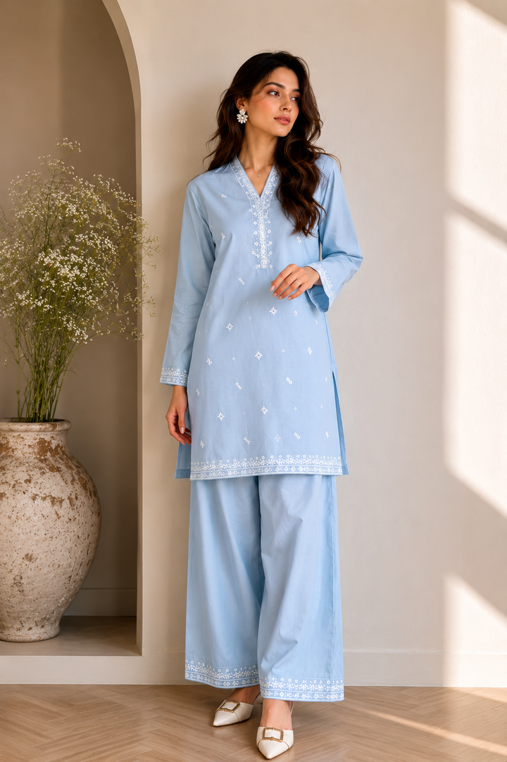 Sky Blue Embroidered  2 - Piece Set