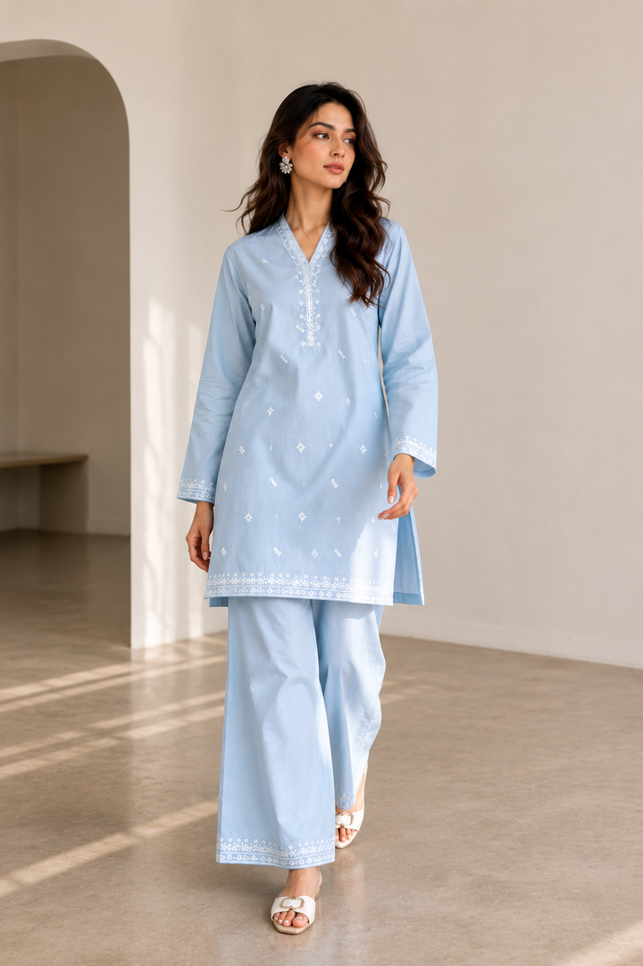 Sky Blue Embroidered  2 - Piece Set