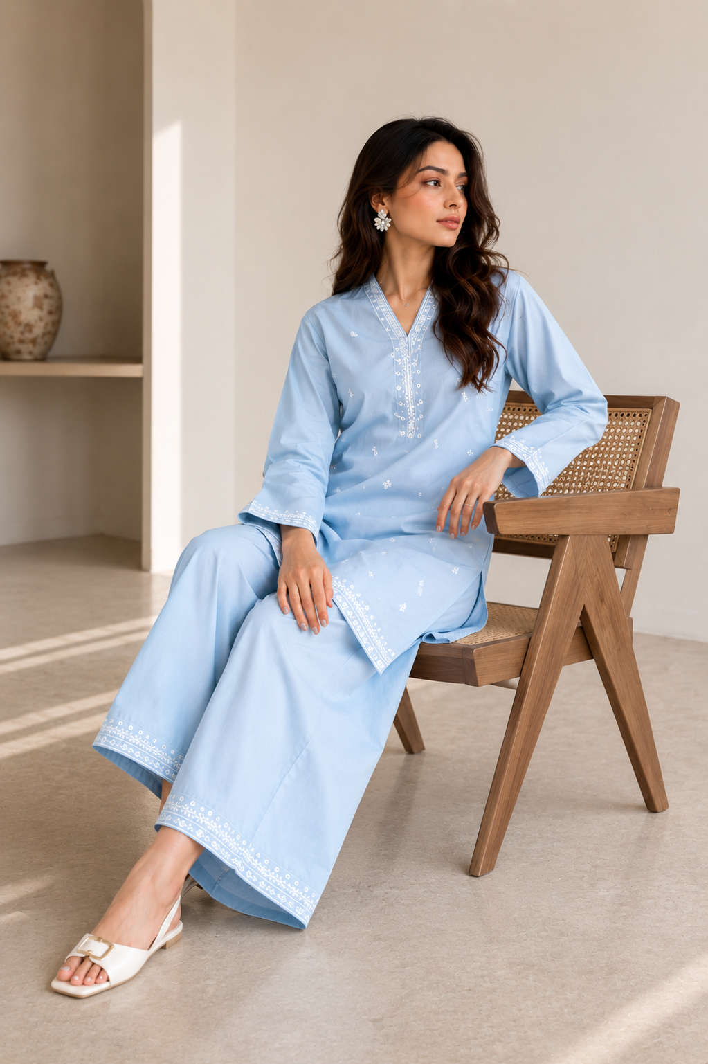 Sky Blue Embroidered  2 - Piece Set