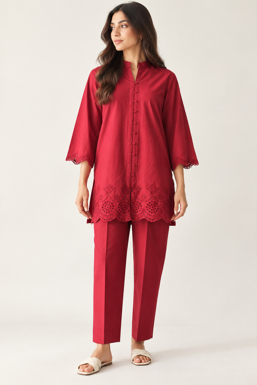 Maroon Schiffli Co-ord Set