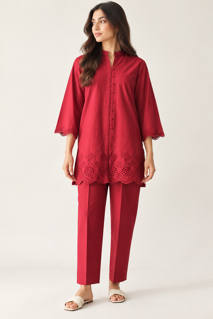 Maroon Schiffli Co-ord Set