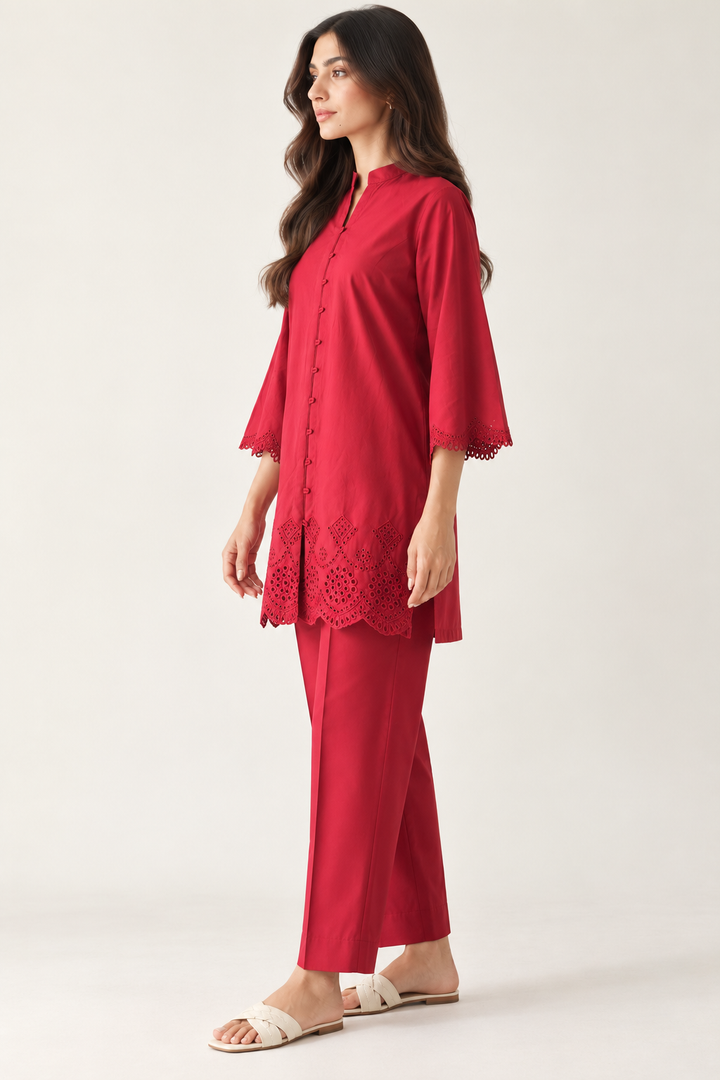 Maroon Schiffli Co-ord Set