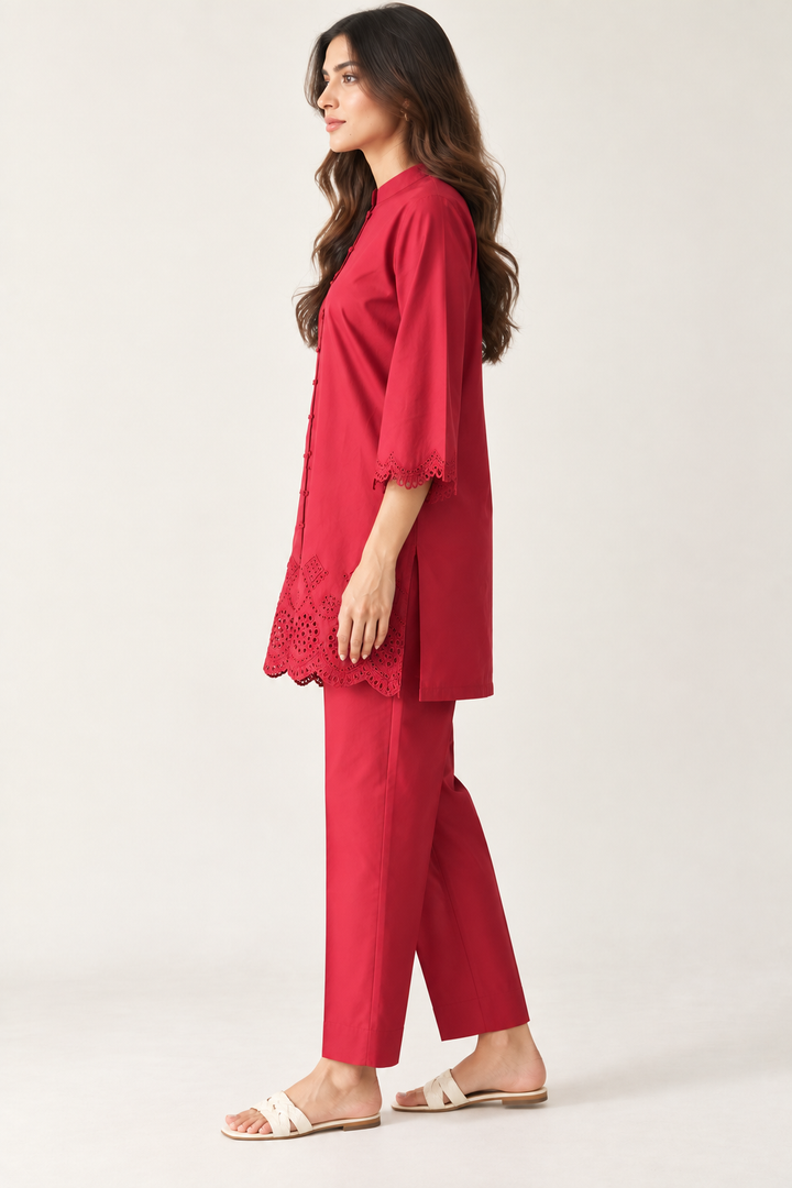 Maroon Schiffli Co-ord Set