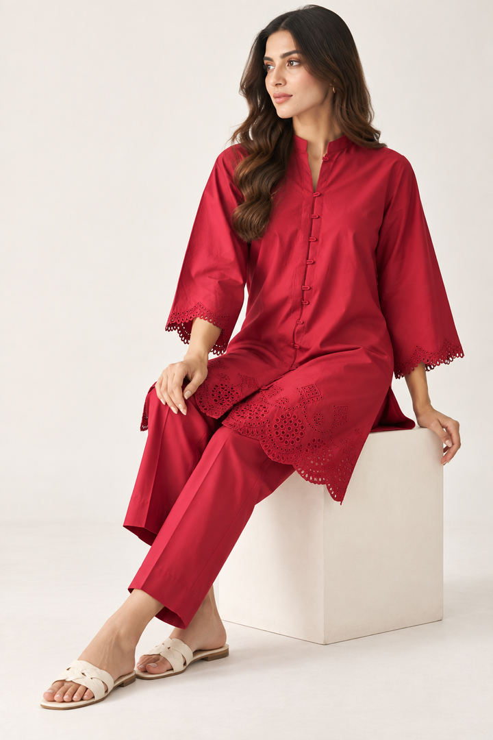 Maroon Schiffli Co-ord Set