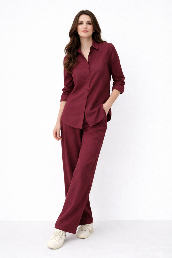 Maroon Button-Down Co Ord Set