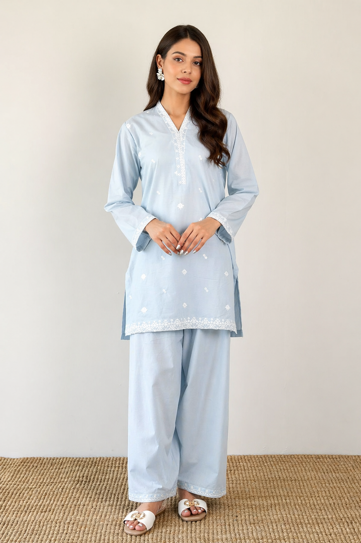 Sky Blue Embroidered  2 - Piece Set