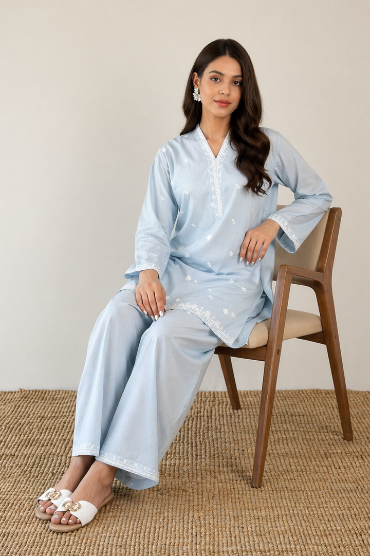 Sky Blue Embroidered  2 - Piece Set