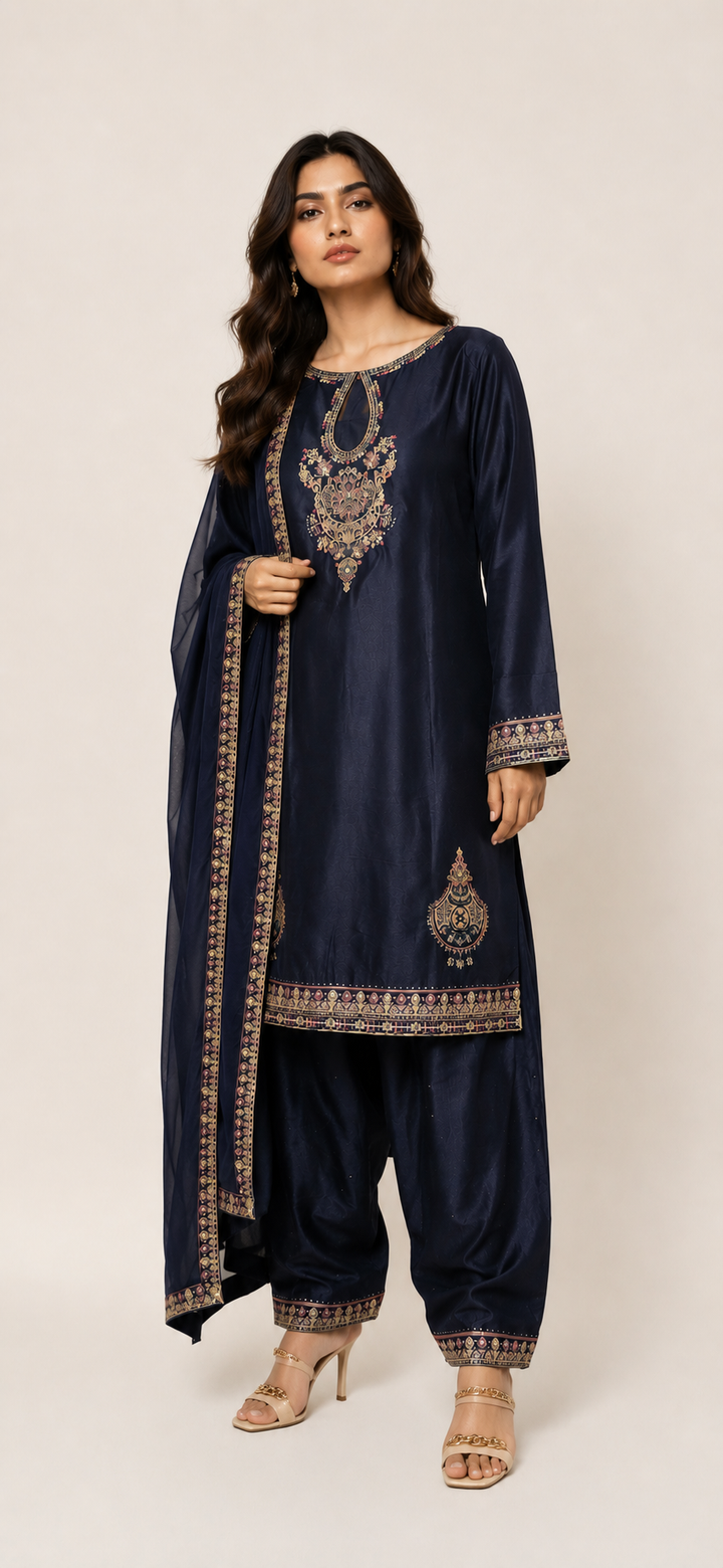 Navy Blue Embroidered 3-Piece Set