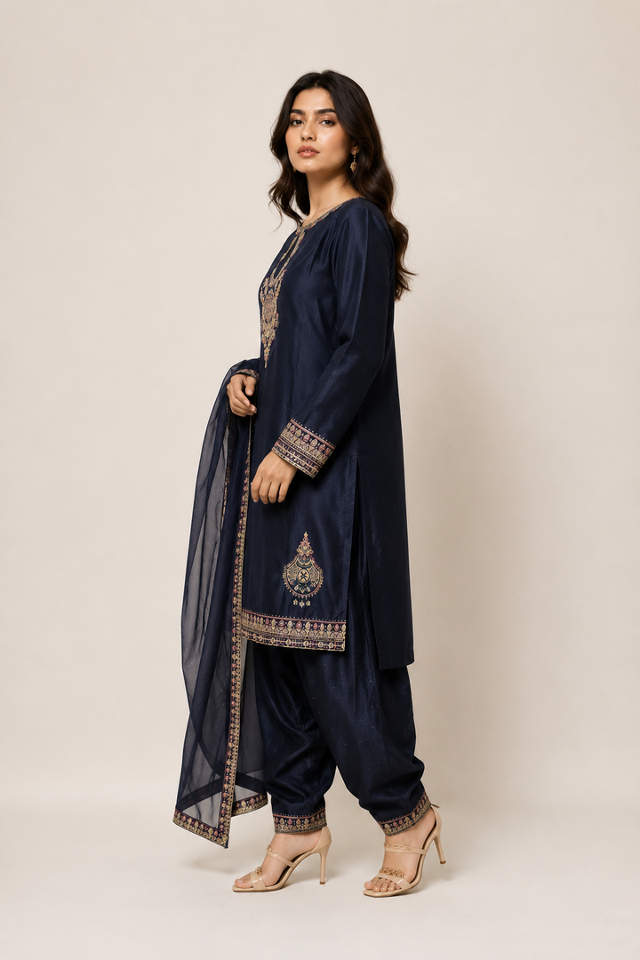 Navy Blue Embroidered 3-Piece Set