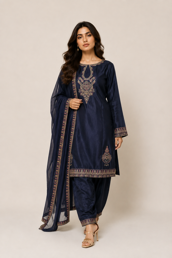Navy Blue Embroidered 3-Piece Set