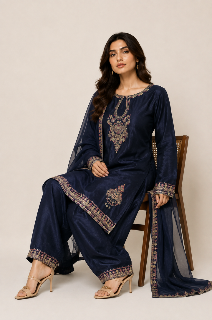 Navy Blue Embroidered 3-Piece Set