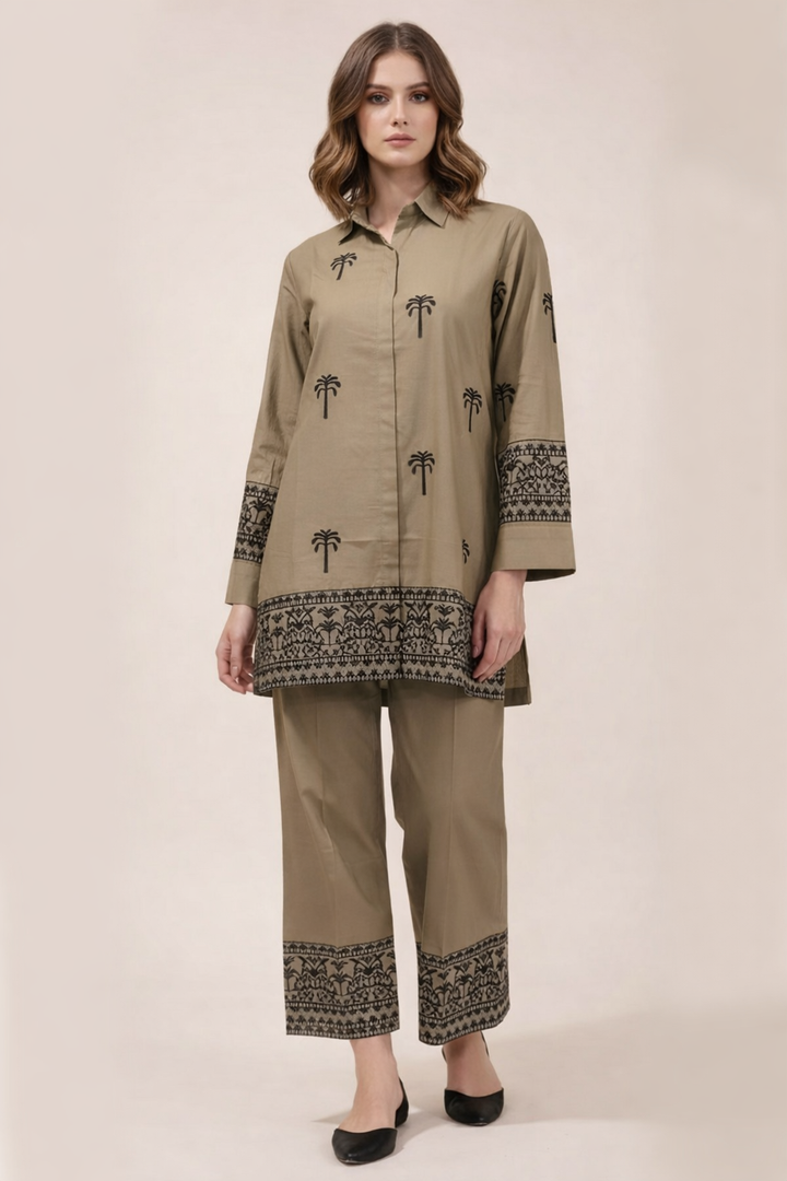 Camel Embroidered Co Ord Set