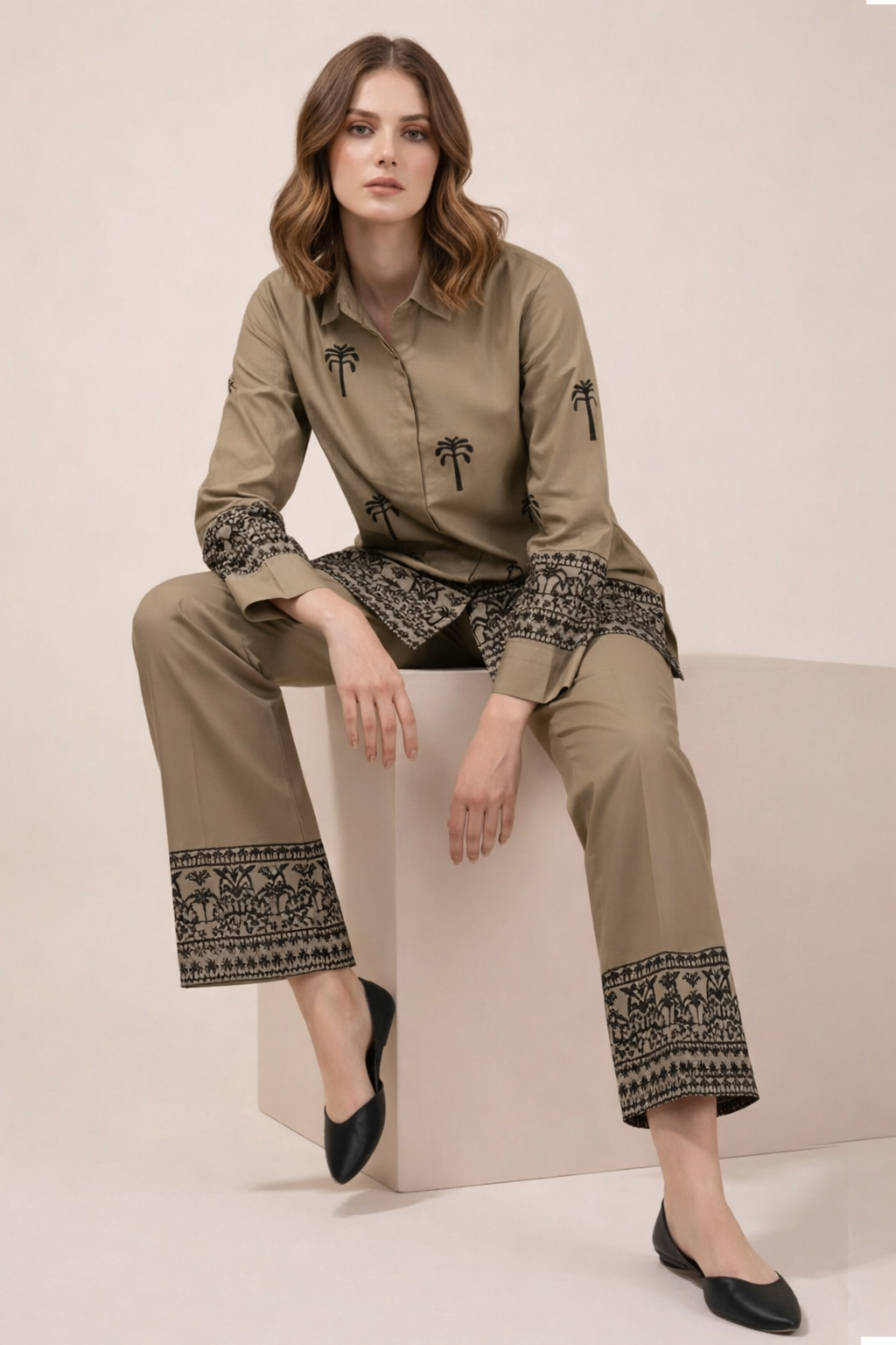 Camel Embroidered Co Ord Set