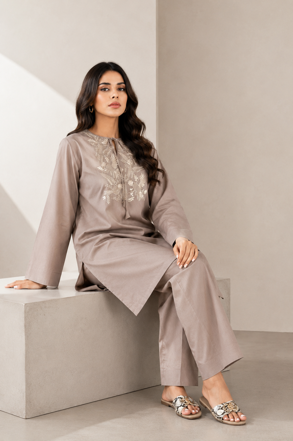 Taupe Embroidered 2-Piece Set