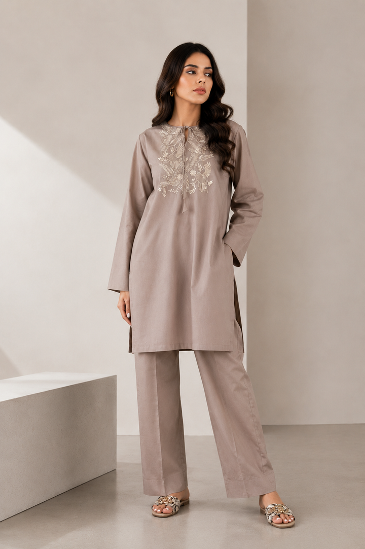 Taupe Embroidered 2-Piece Set