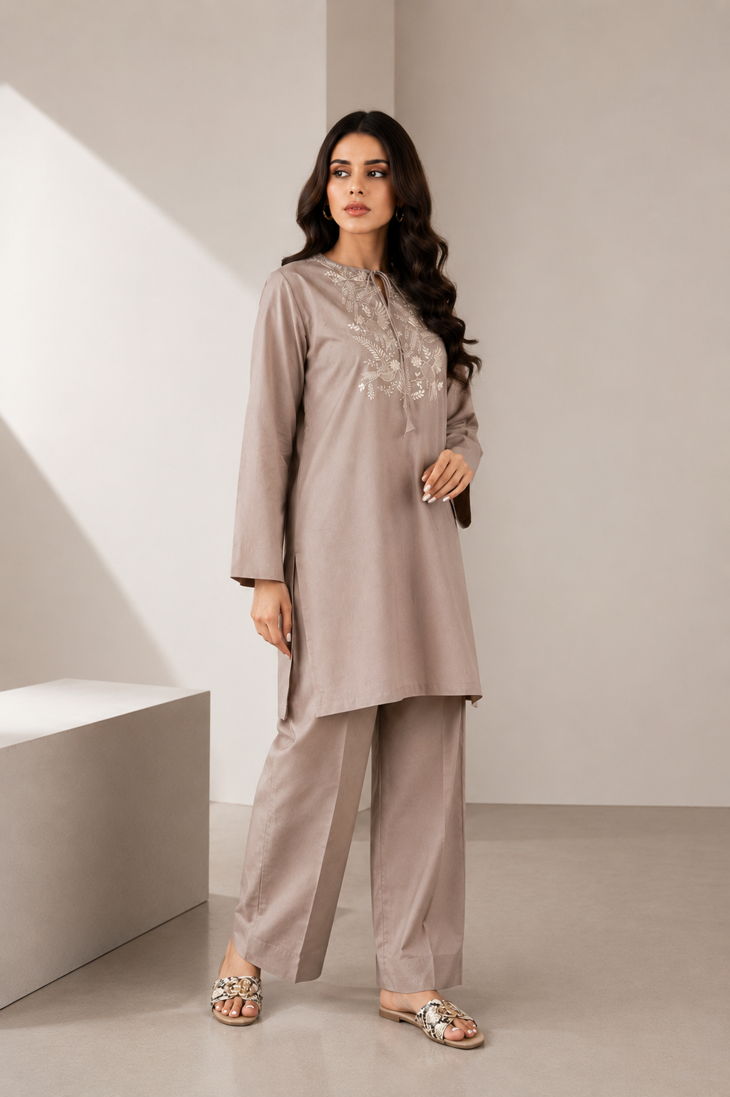 Taupe Embroidered 2-Piece Set