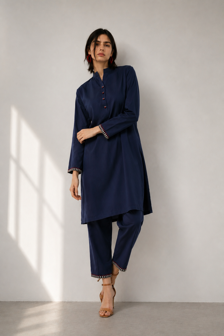 Navy Embroidered 2-Piece Set