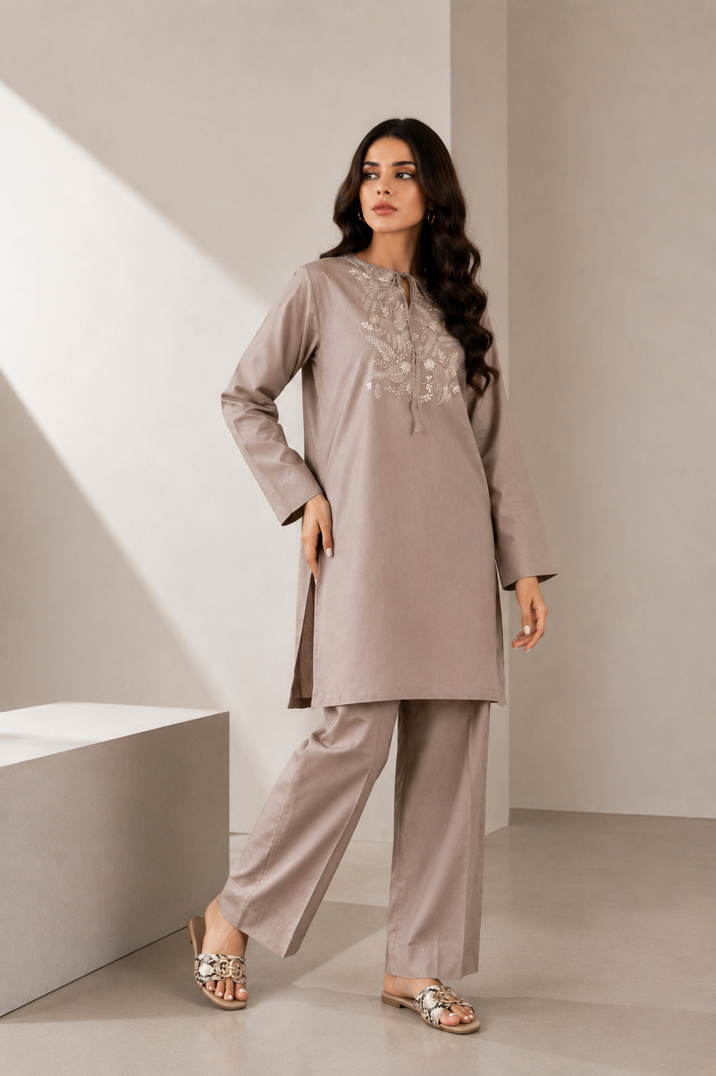 Taupe Embroidered 2-Piece Set