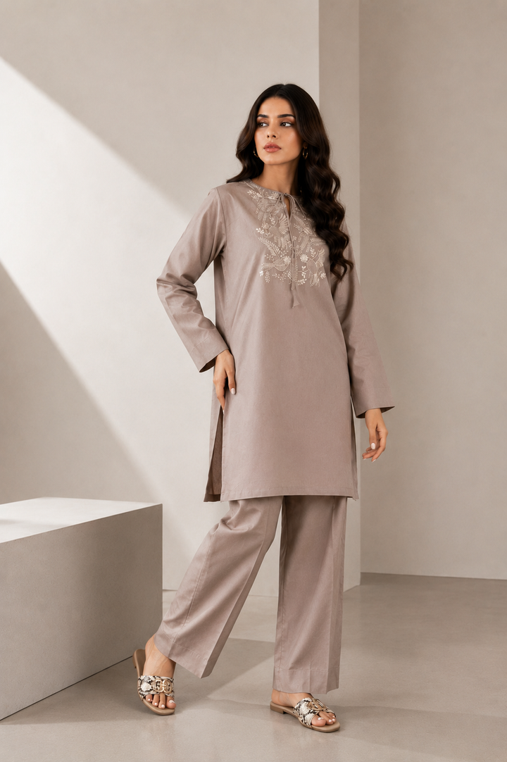 Taupe Embroidered 2-Piece Set