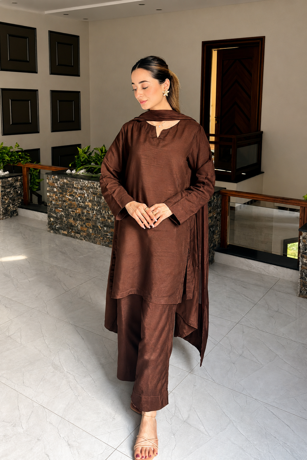 Dark Brown Korean Silk 3-Piece Set