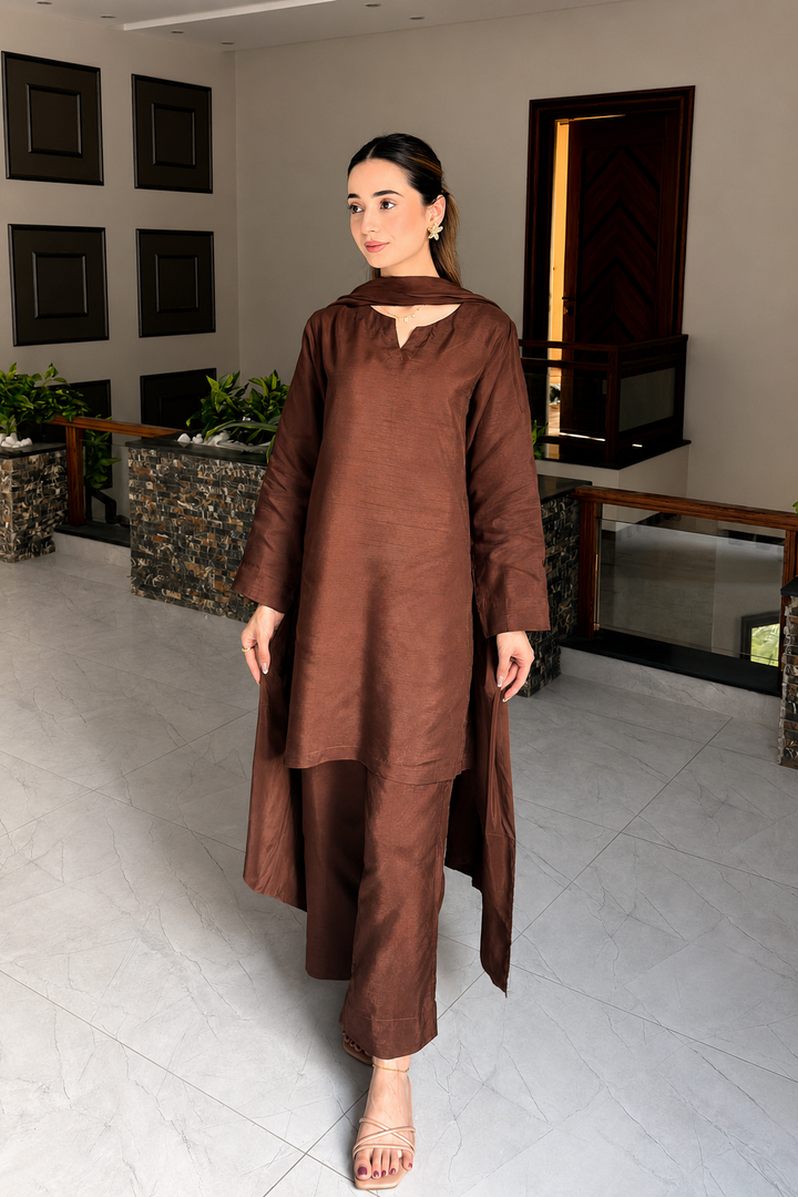 Dark Brown Korean Silk 3-Piece Set