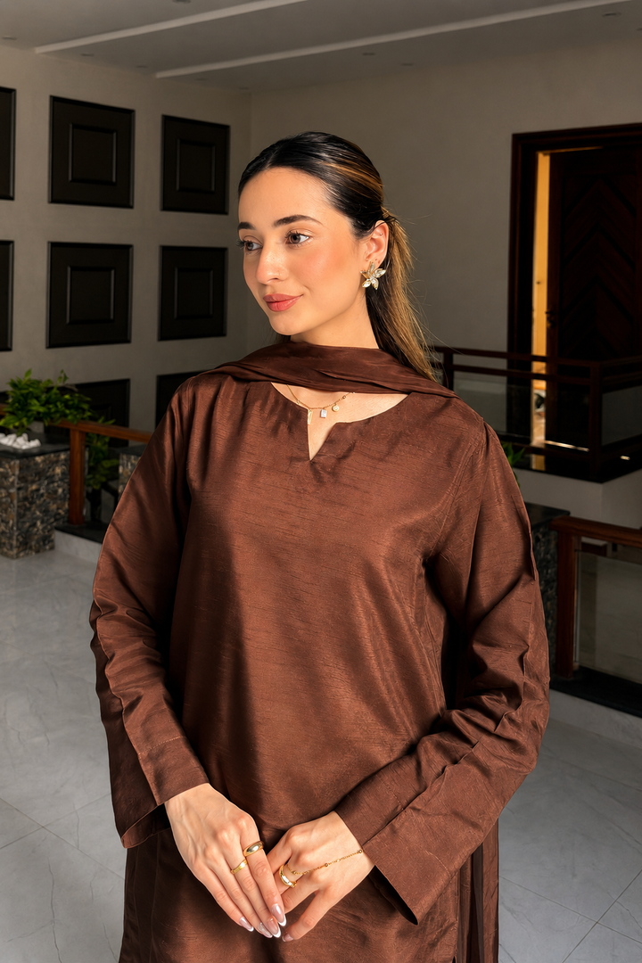 Dark Brown Korean Silk 3-Piece Set
